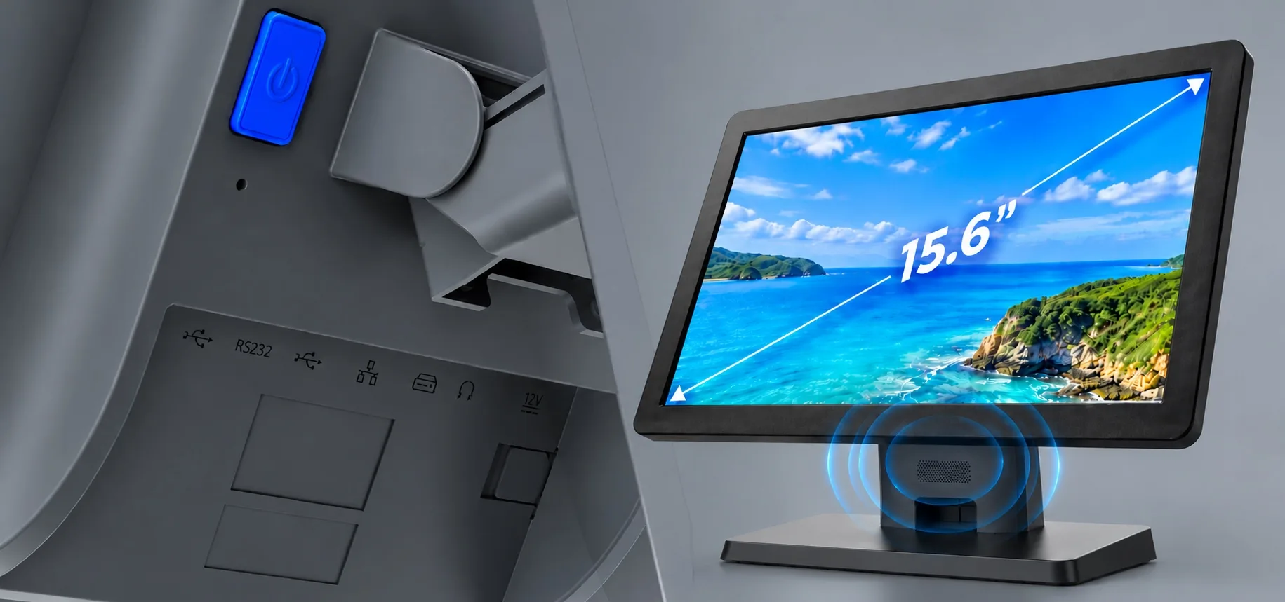 Pantalla touch de 15.6”, bocina integrada y puertos del Punto de Venta Solara