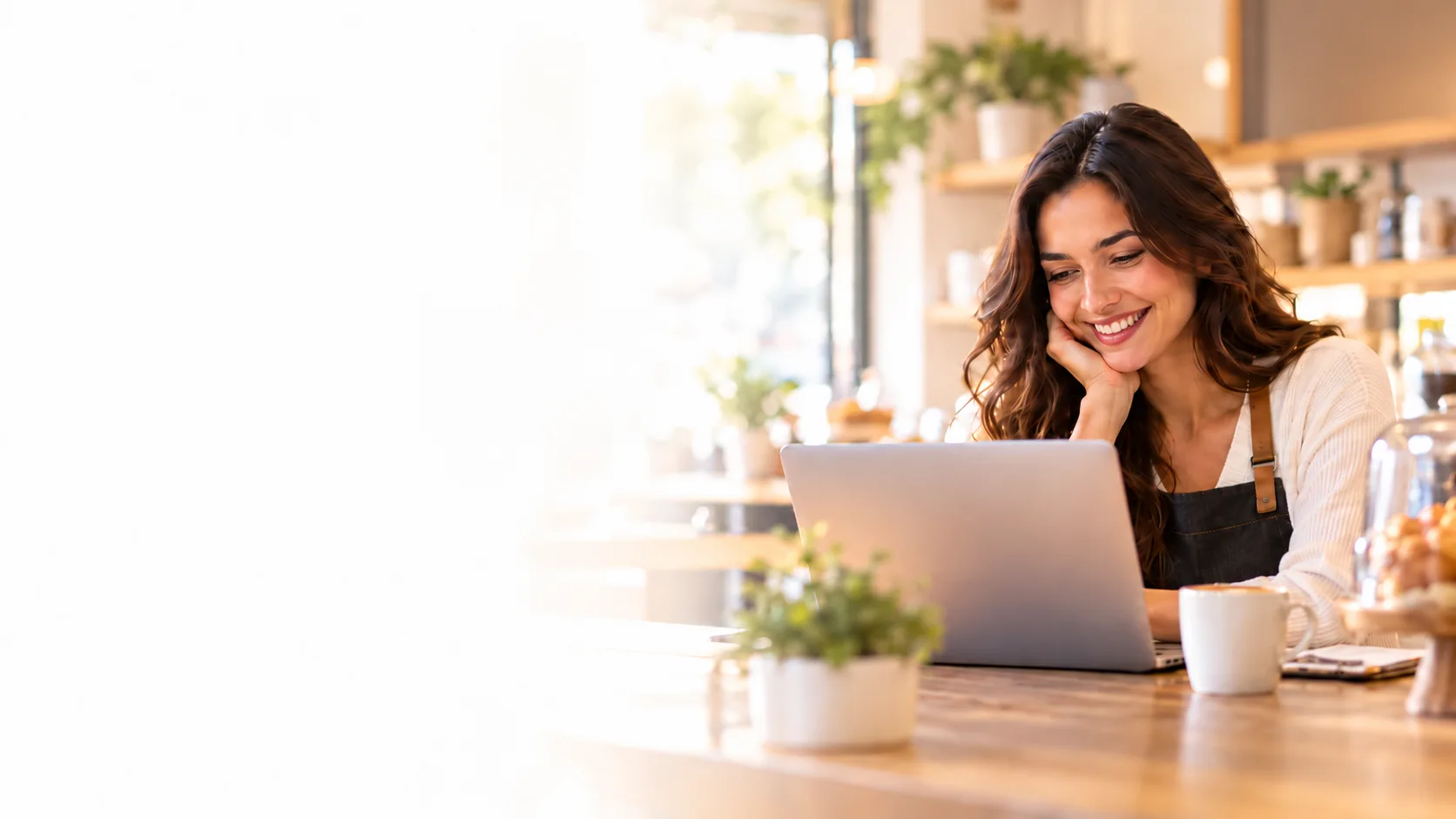 Emprendedora sonriendo mientras usa Solara IA en su laptop